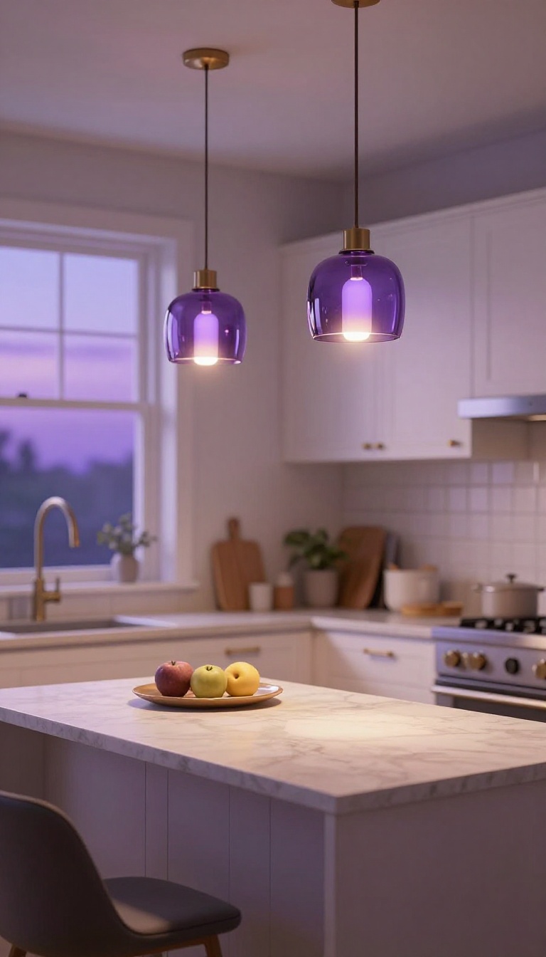 Modern kitchen with purple pendant lights glowing over an island