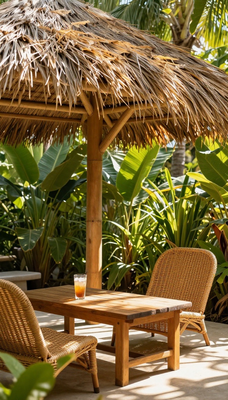 Patio with thatched bamboo roof and tropical decor