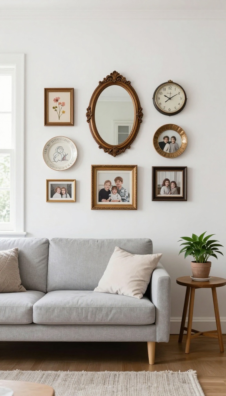 Eclectic gallery wall with vintage mirror and mixed frames above a sofa in a bright living room