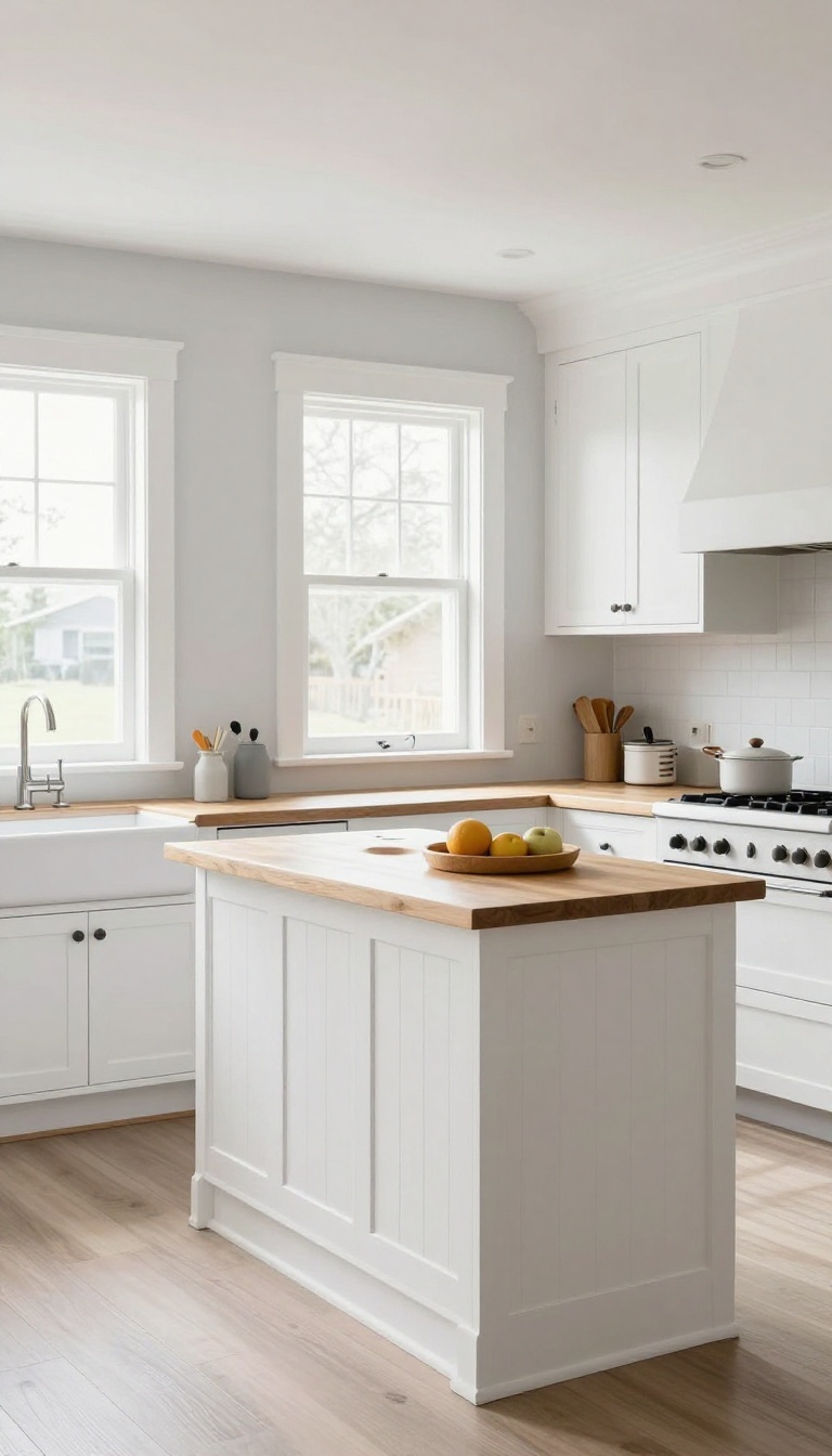 White kitchen island with vertical beadboard paneling, butcher-block countertop, and coastal cottage style