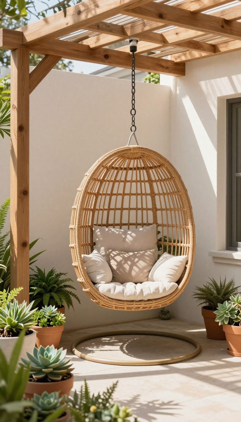 A hanging rattan egg chair on a small townhome patio with plants and cushions