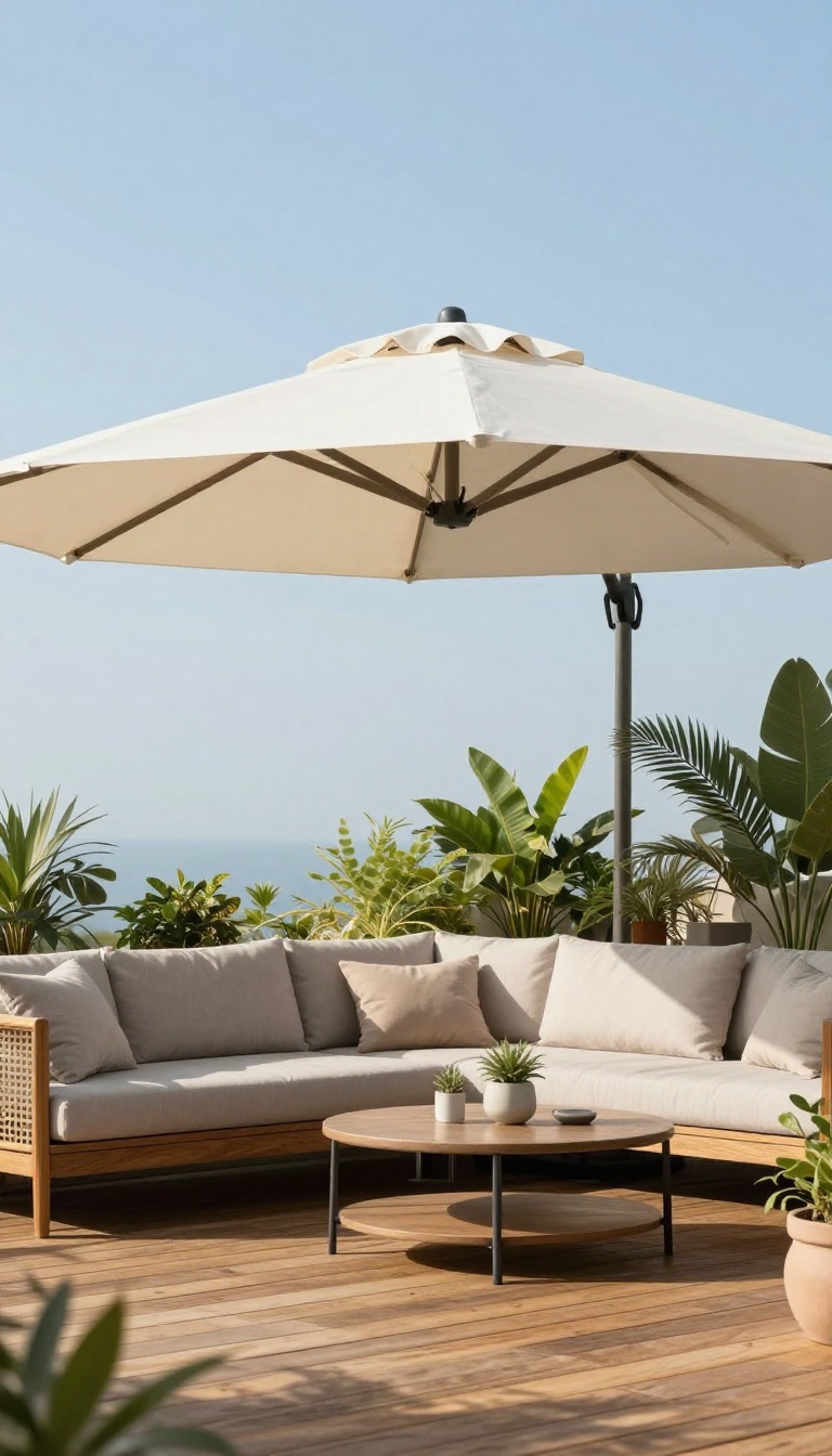 Patio with a large cantilever umbrella shading a cozy seating area