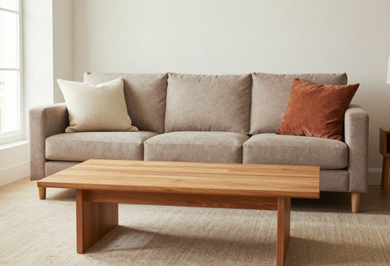 Cozy living room with a taupe sofa styled with textured pillows and a wooden coffee table