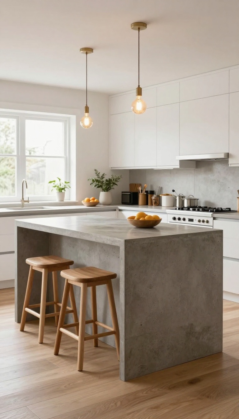 Modern kitchen with a polished concrete island featuring a waterfall edge, open shelving, and bar stools, illuminated by warm pendant lights.