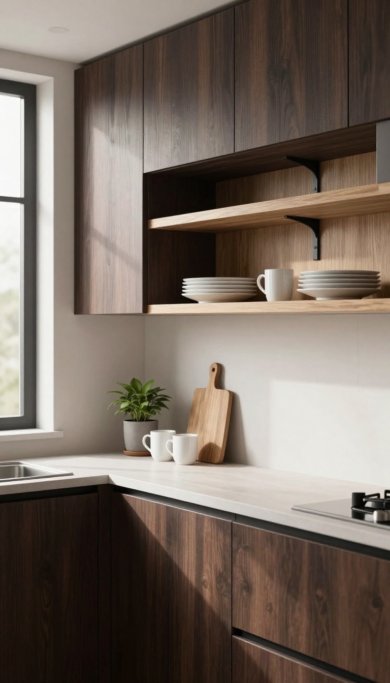 Open shelving with light wood and black brackets in a dark wood kitchen, styled with minimal dishes and a plant, bright natural light