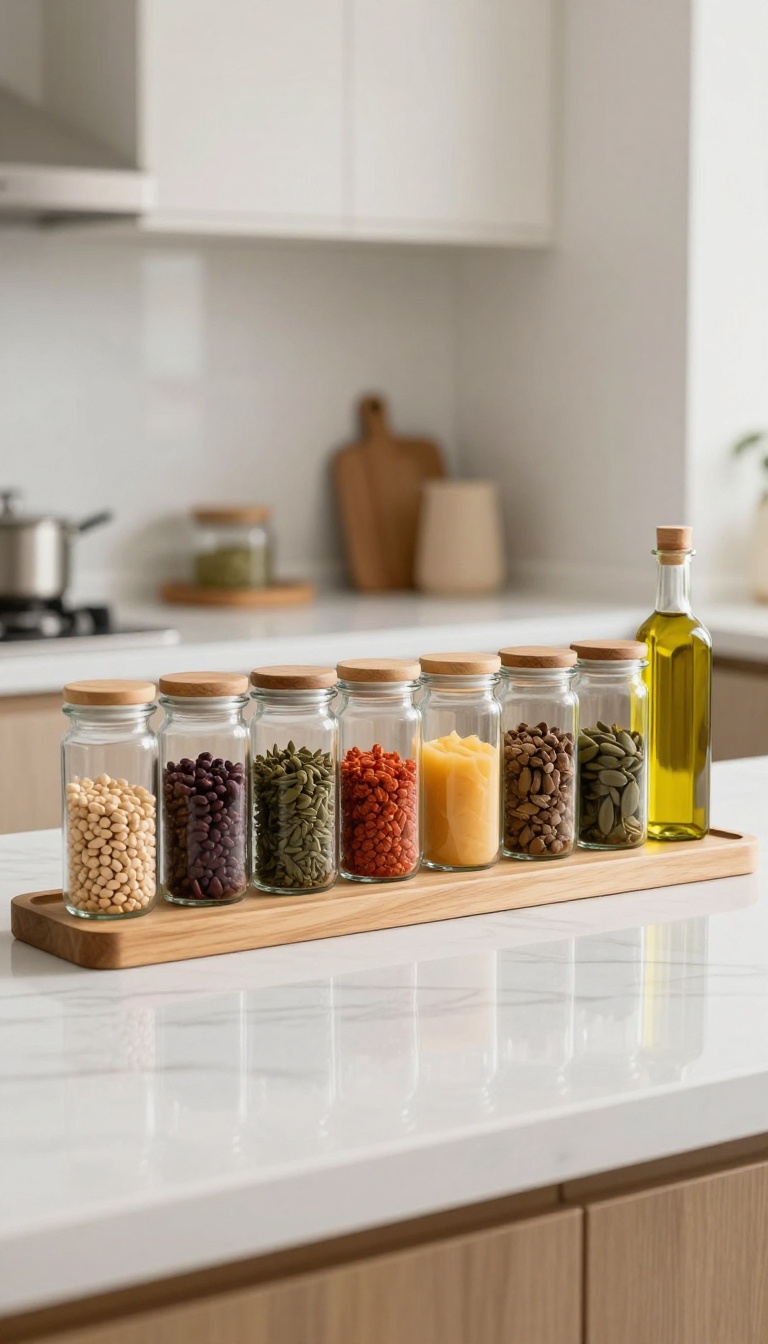A tiered shelf on a kitchen countertop holding spices and oils in an organized, bright kitchen.