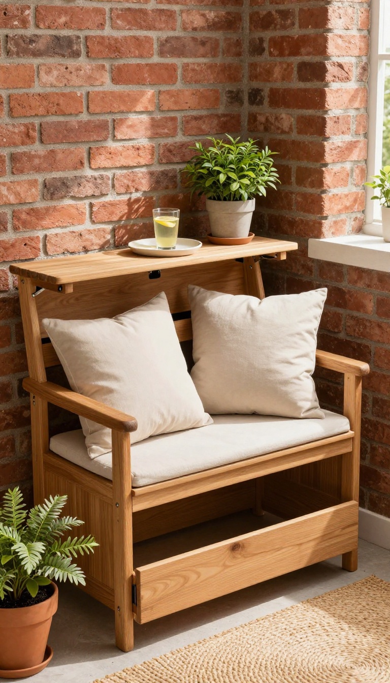 A small patio with a wooden storage bench styled with pillows and a plant, showcasing multi-purpose seating and hidden storage.