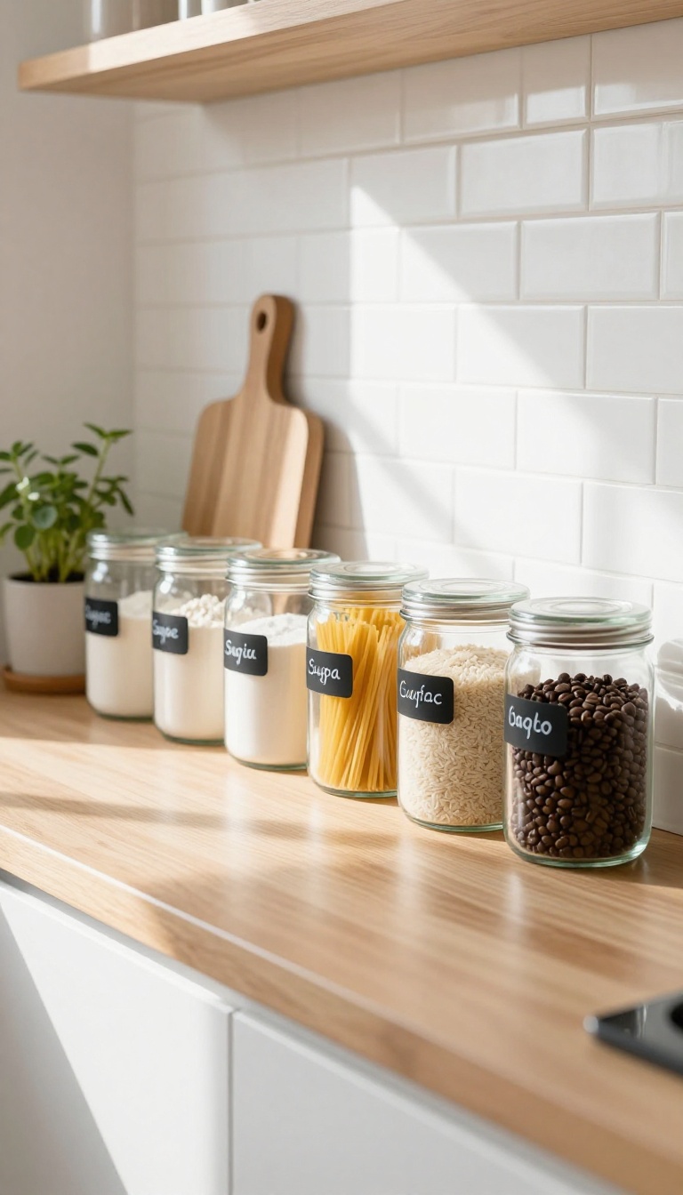 Clear canisters with labeled staple ingredients on a kitchen counter, organized and visible.
