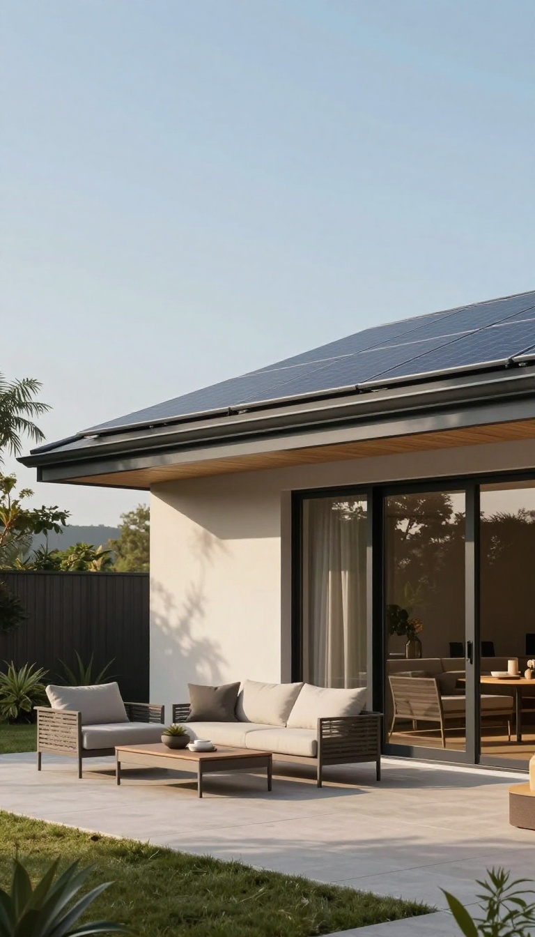 Modern home with solar panel patio roof attached to house, outdoor lounge area underneath