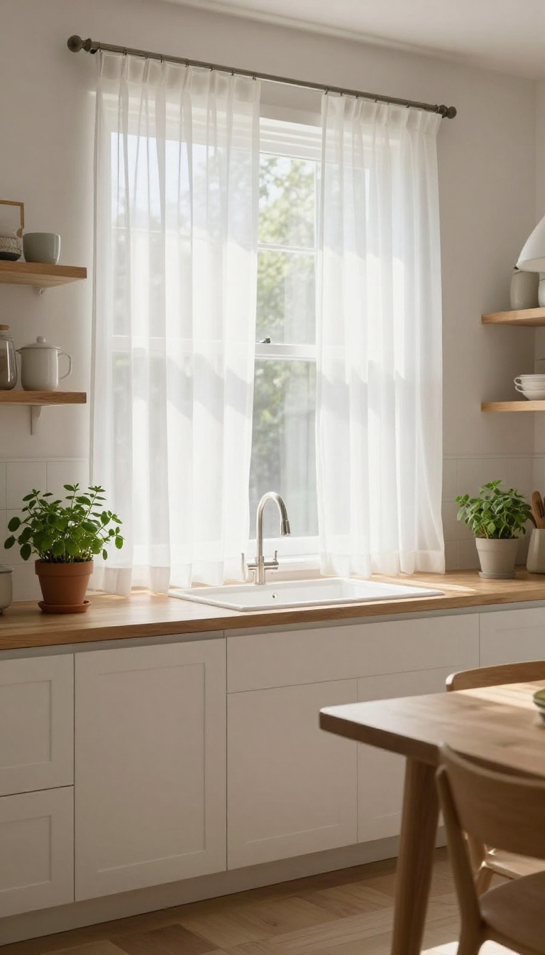 Sheer valance in a bright kitchen above the sink, filtering natural light.