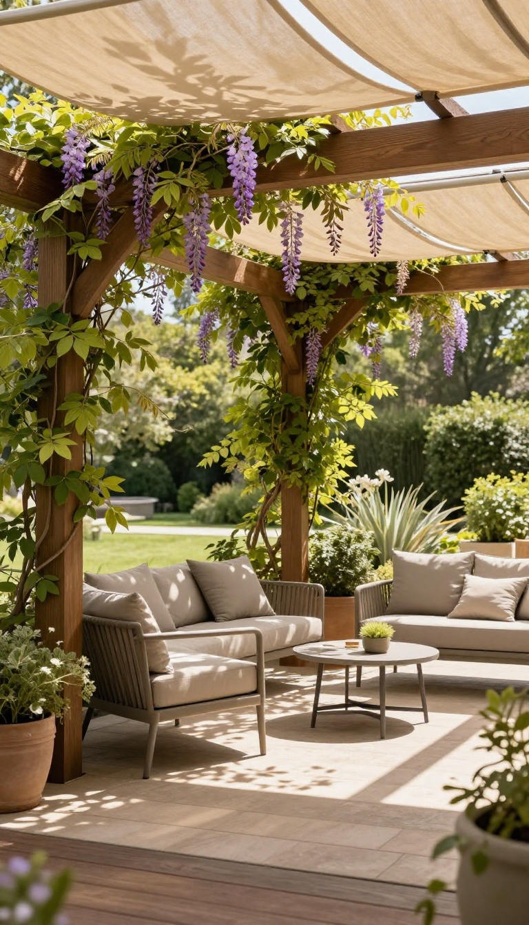 A patio with a wooden pergola featuring a retractable canopy and climbing vines, offering adjustable shade over stylish outdoor furniture.