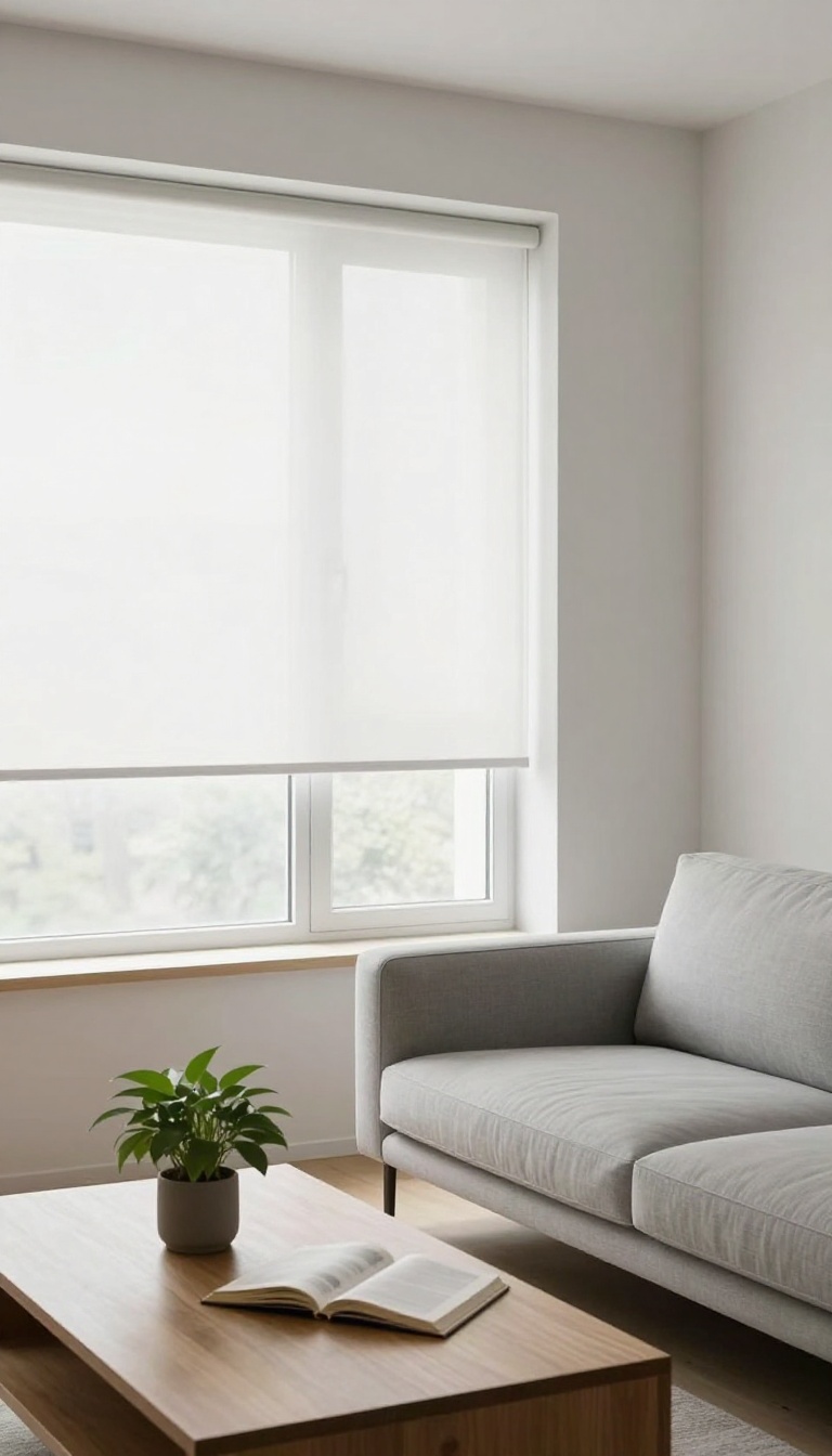 Minimalist living room with white roller shades and modern furniture