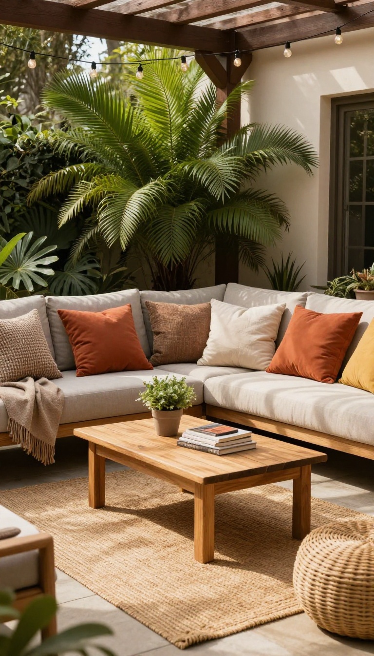 Cozy patio seating nook with L-shaped furniture, cushions, and string lights