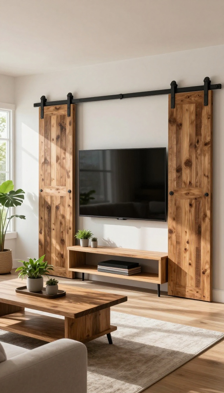 Modern farmhouse living room with sliding barn doors covering a TV unit