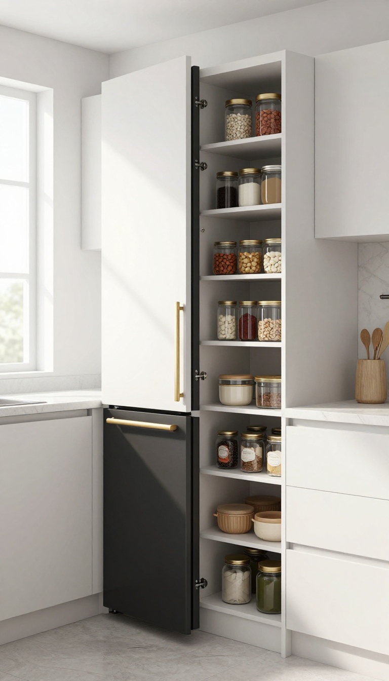 Slim pull-out pantry with matte black finish and gold handles in a bright modern kitchen
