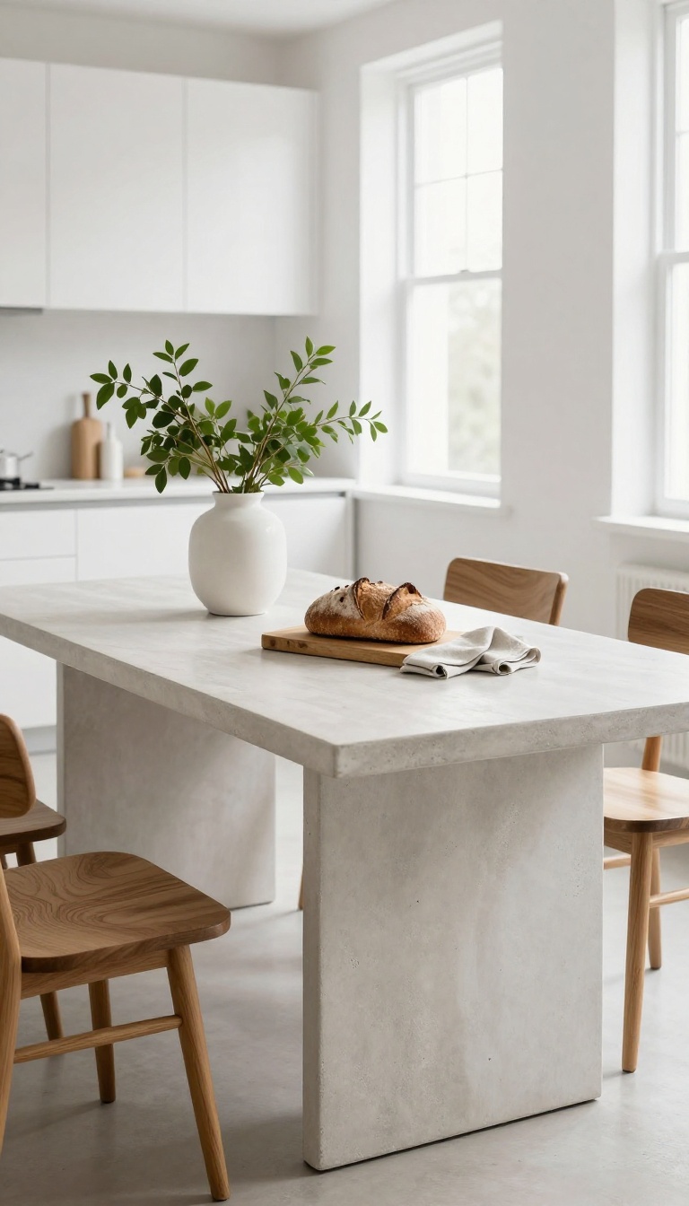 Modern kitchen with a concrete dining table paired with wooden chairs and natural decor elements.