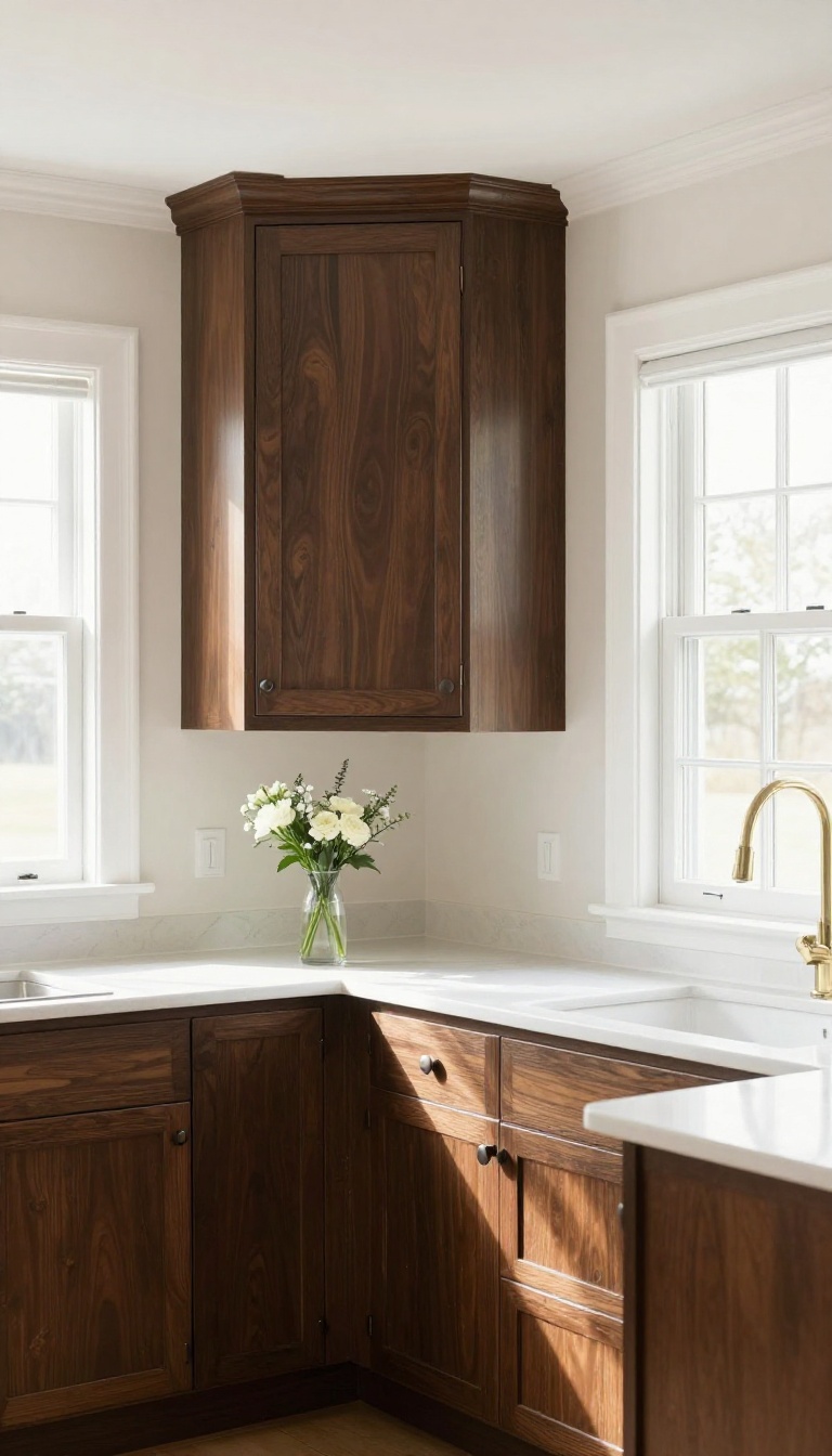 Dark wood cabinets with light walls and trim in a bright kitchen