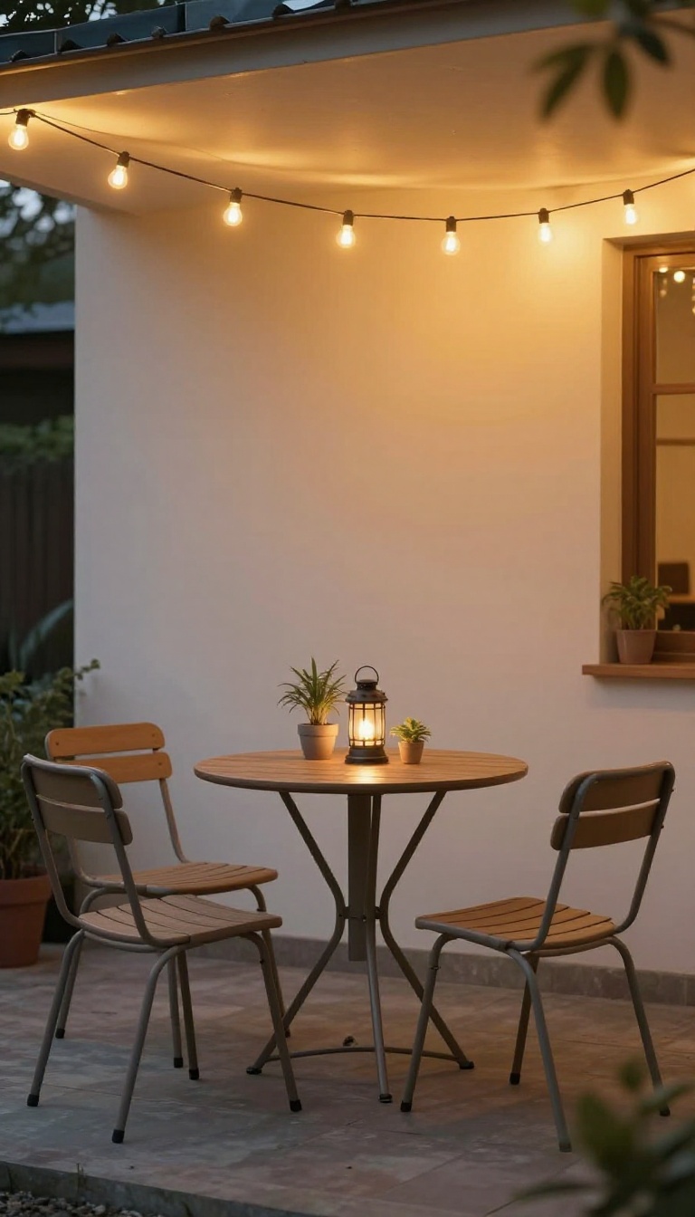 Cozy small patio with warm string light canopy and bistro seating at dusk