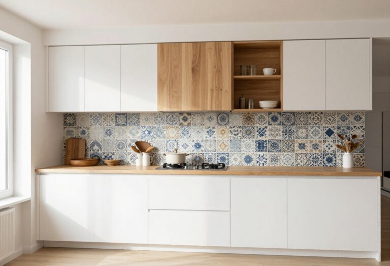 Modern kitchen with textured zellige tile backsplash and wood accents