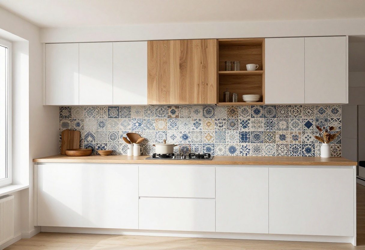 Modern kitchen with textured zellige tile backsplash and wood accents