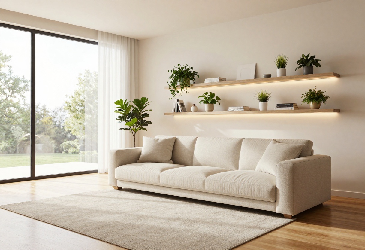 Modern Bloxburg living room with neutral decor and cozy lighting