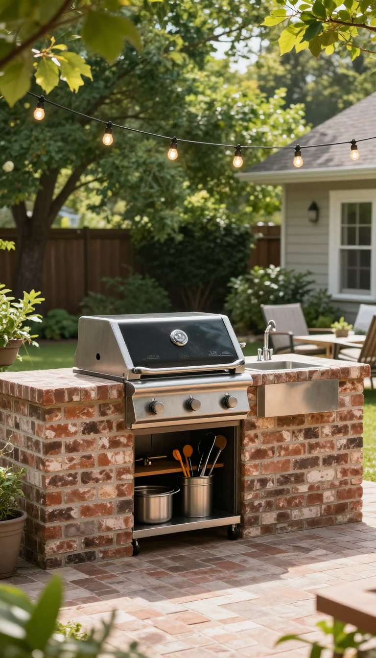 Brick patio with outdoor kitchen, stainless steel grill, and brick countertop in a sunny backyard