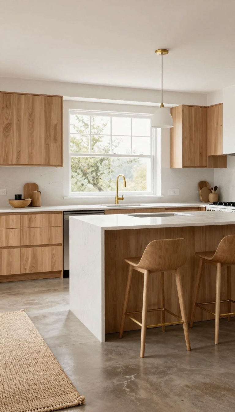 Modern kitchen with polished concrete flooring, warm gray tone, light oak cabinets, white quartz countertop, and brass fixtures in bright natural light