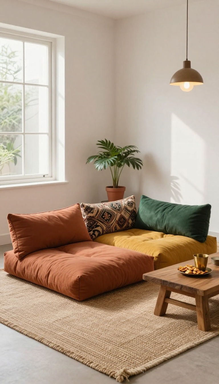 Low seating with floor cushions in a small Indian living room