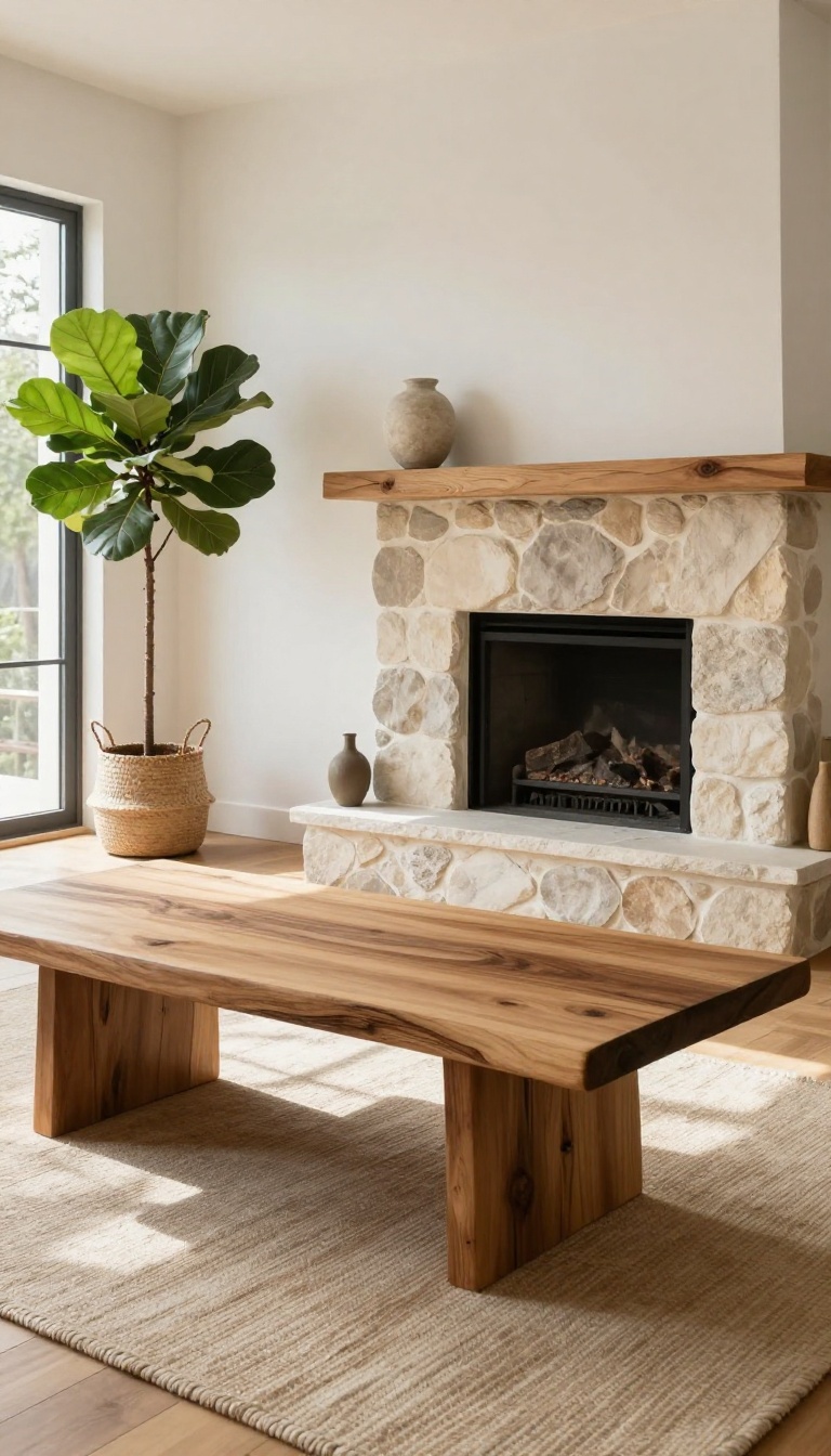 Living room with wood and stone accents, including a live-edge coffee table, stone fireplace, and potted plant
