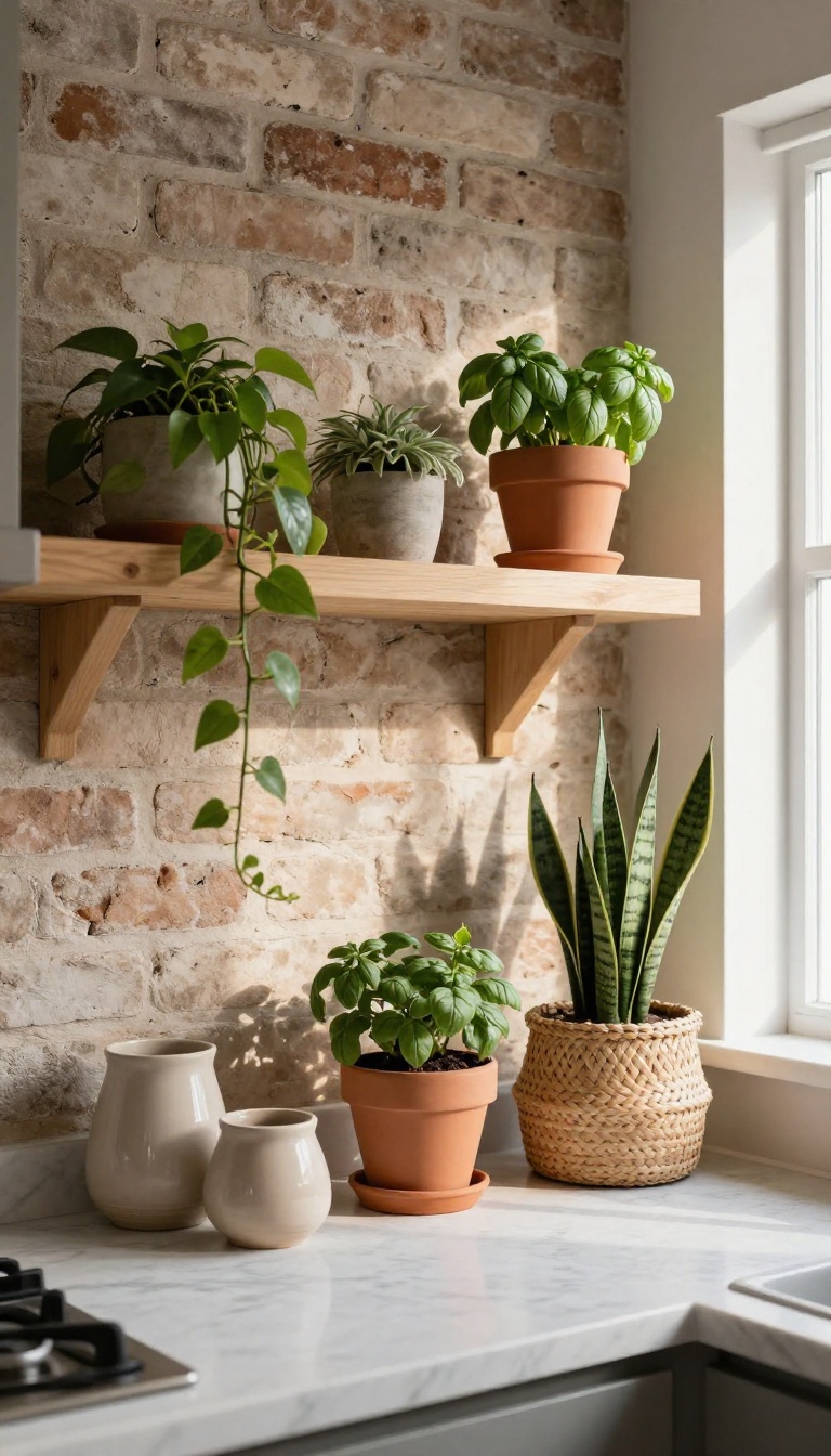 Cozy brick wall kitchen with greenery on a shelf to soften the rugged texture