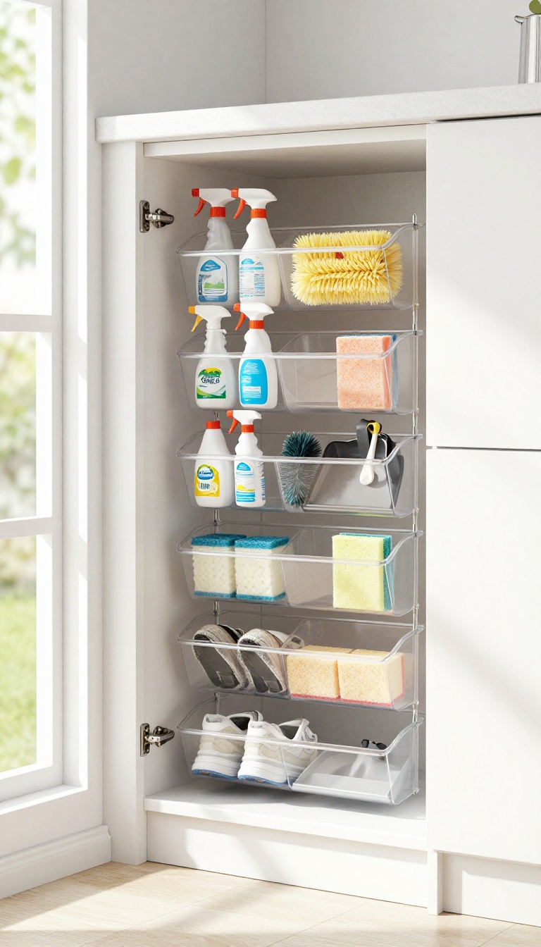 Clear shoe organizer on pantry door holding cleaning supplies in a bright kitchen
