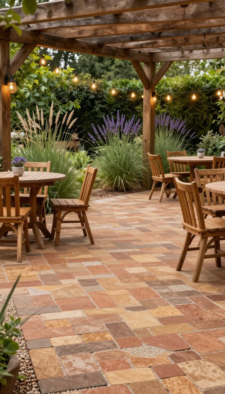 Warm earth-toned paver patio with wood furniture and lush greenery, blending with nature.