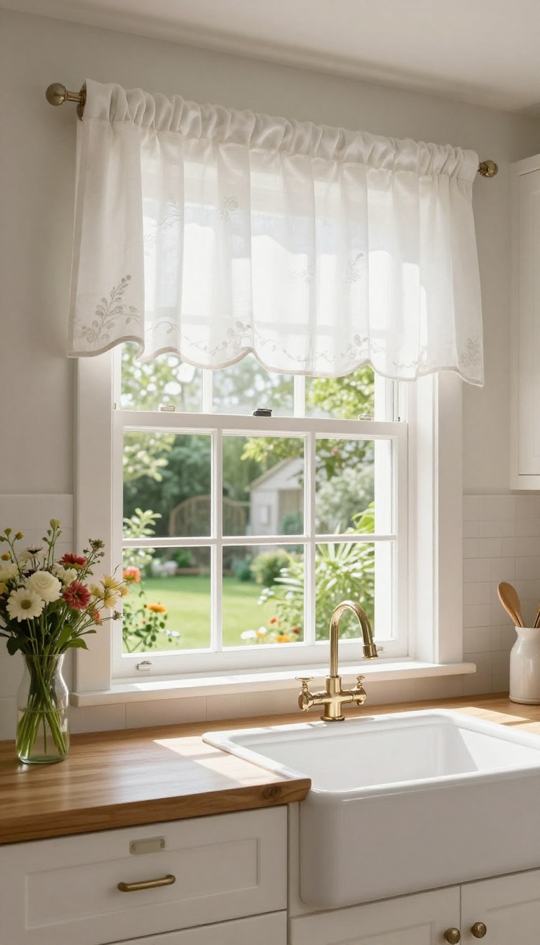 Scalloped edge valance in a bright kitchen with white cabinets and garden view