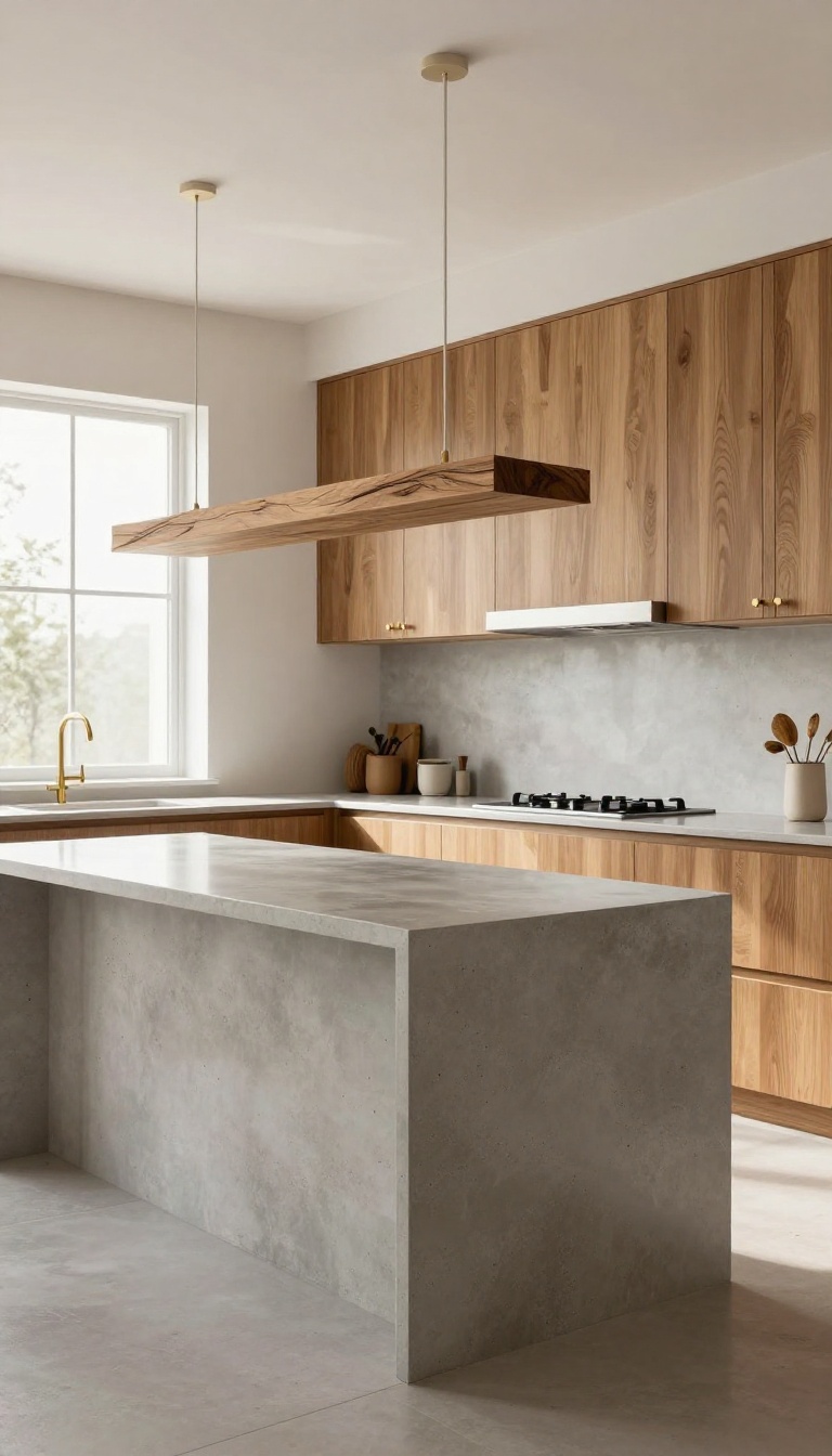 Polished concrete countertop in a bright, warm kitchen with oak cabinets and brass fixtures.