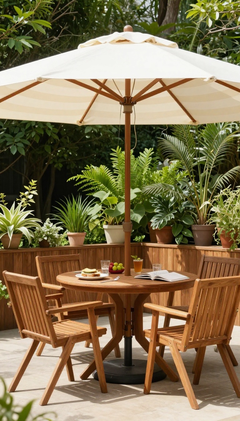 A market umbrella shading a wooden table with chairs on a patio, with a book and lunch on the table, surrounded by greenery