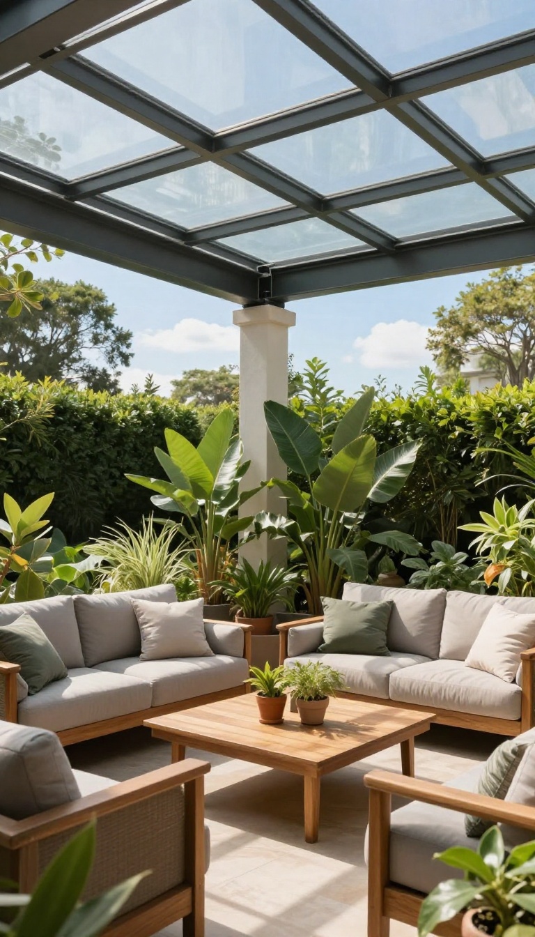 Modern patio with glass roof, natural light, and cozy outdoor furniture
