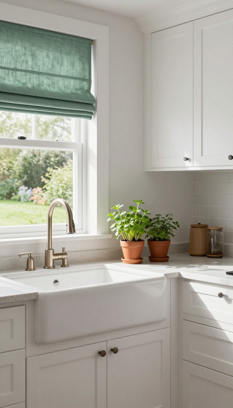 Roman shades in performance fabric above a kitchen sink, elegant and practical