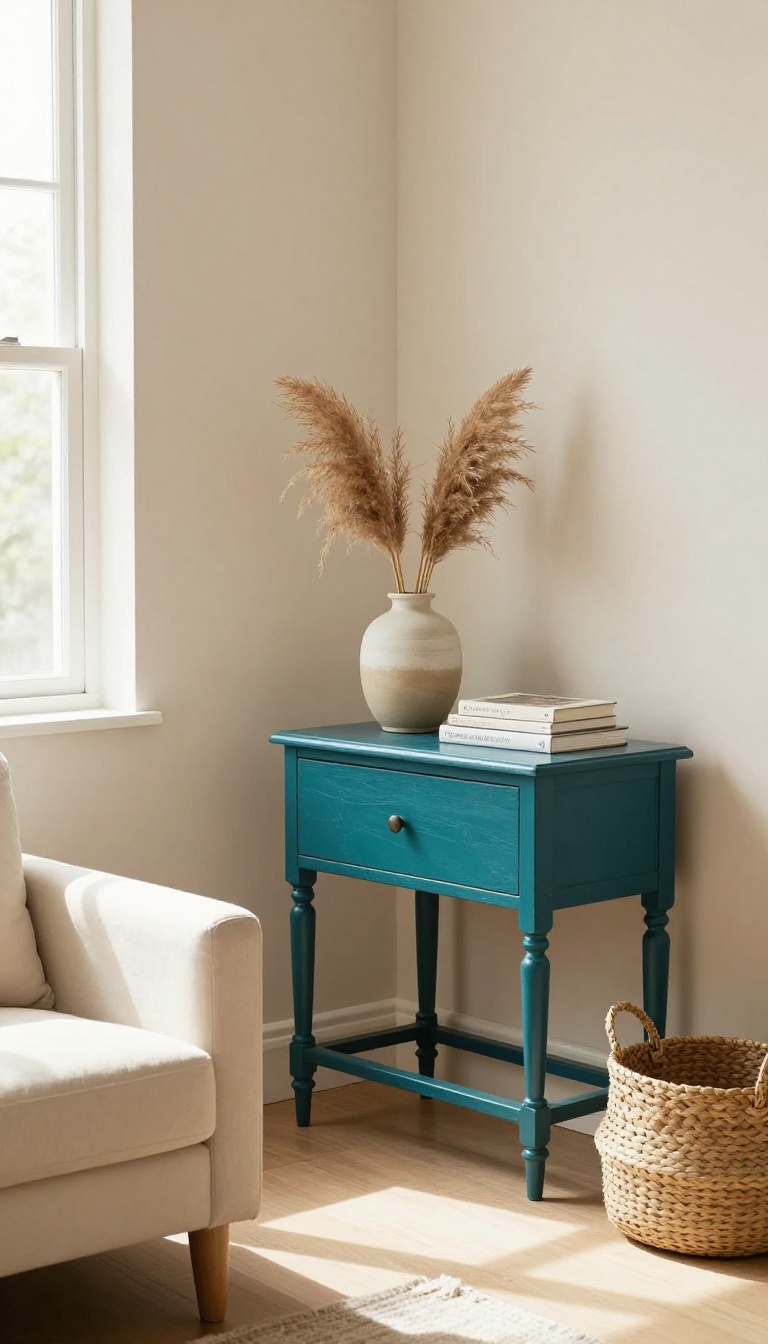 Painted teal side table as a focal point in a neutral living room