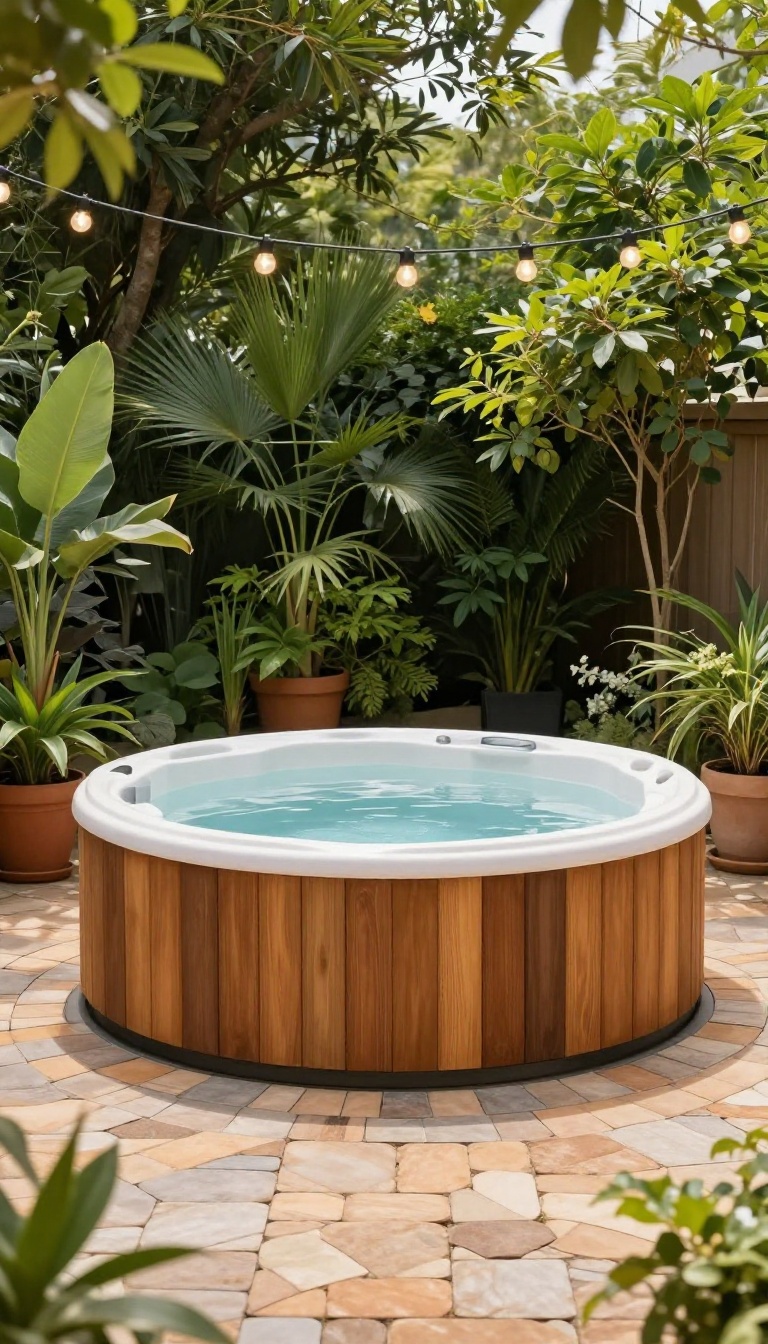 A hot tub on a paver base in a backyard, surrounded by potted plants and string lights.
