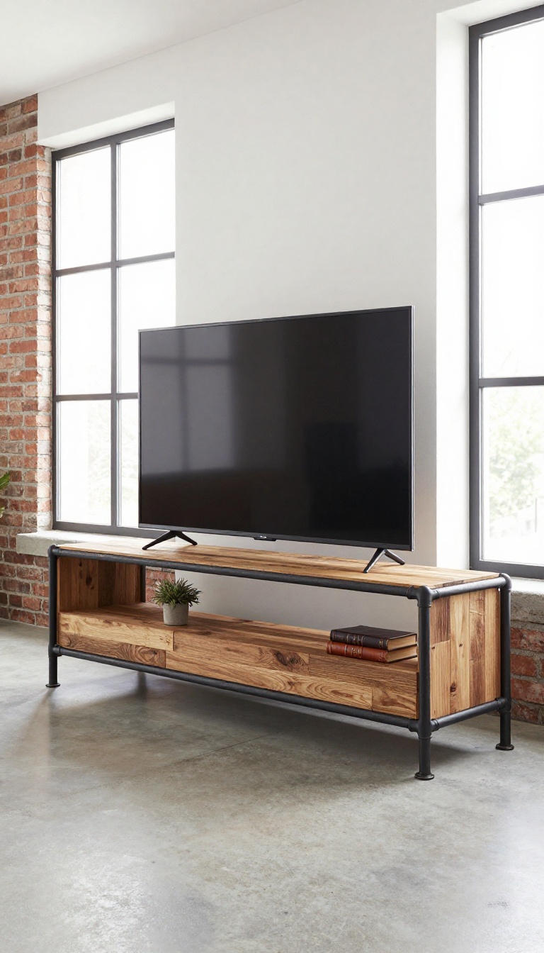 Modern living room with an industrial pipe and wood TV stand against an exposed brick wall, bathed in natural light.