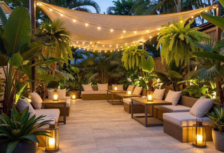 Patio at dusk with warm string lights, lanterns, and path lights creating a cozy glow