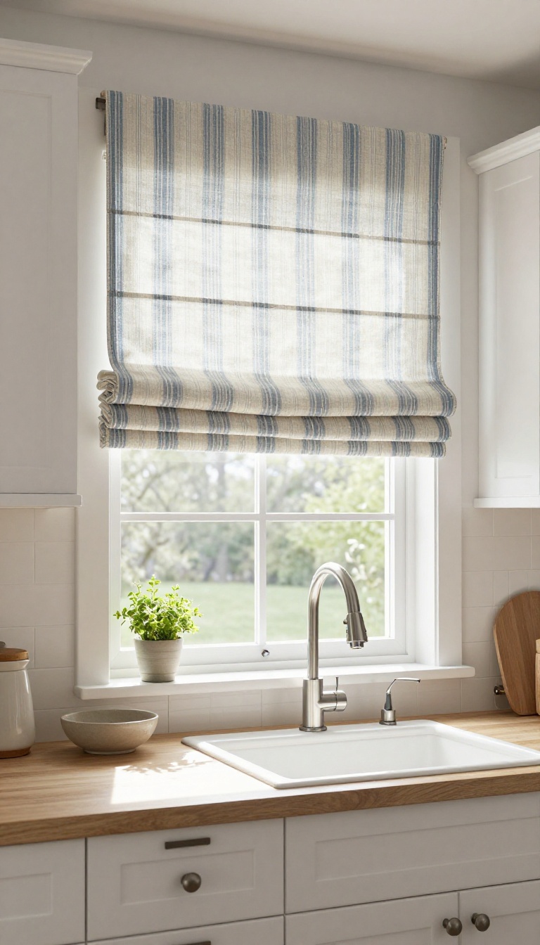 Roman shade valance in a bright kitchen above a sink with herbs on the sill.