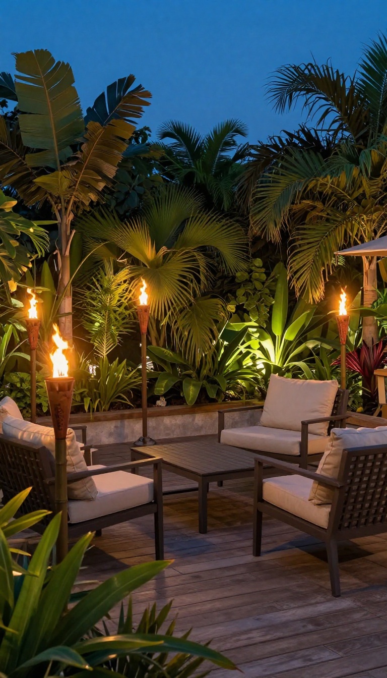 Patio with lit tiki torches creating a warm tropical evening glow