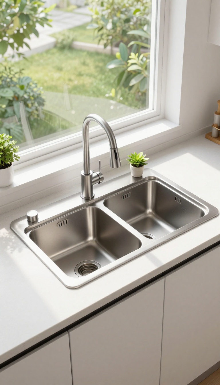 Modern kitchen sink with aluminum mini blinds above, open to a garden view