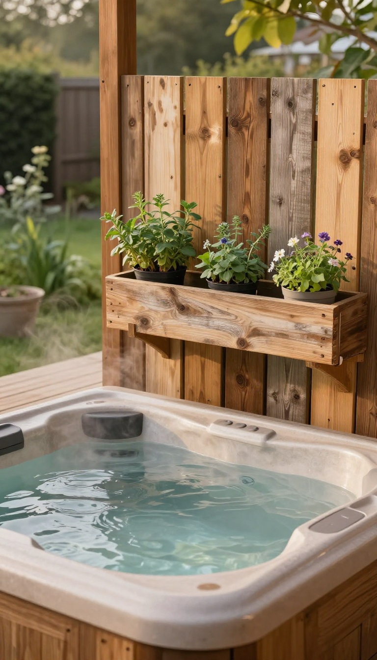 A hot tub with a pallet wood privacy screen decorated with small plants, creating a cozy and private outdoor retreat.