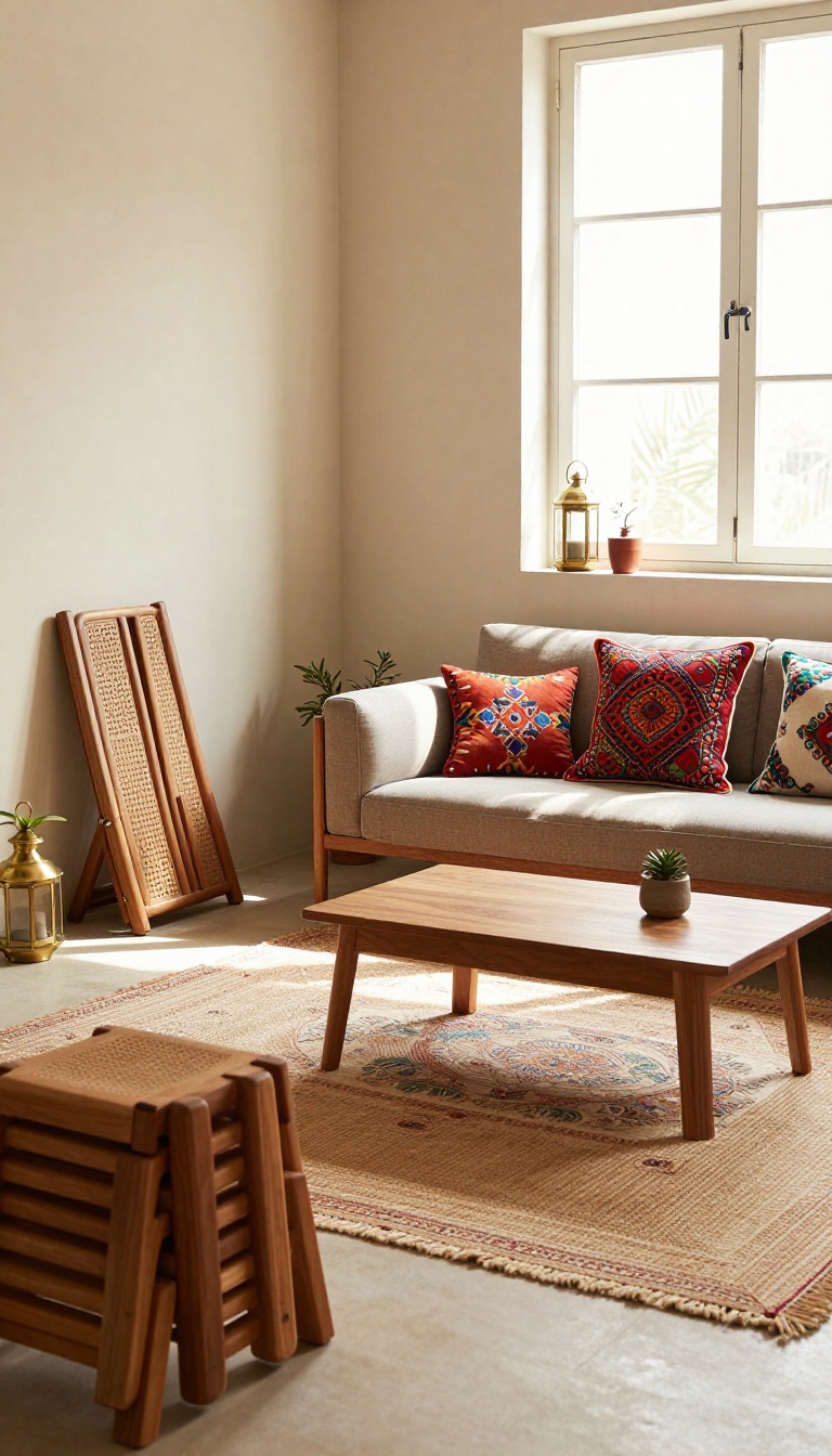 Cozy Indian living room with foldable and stackable seating, showcasing space-saving furniture in a bright, airy space.