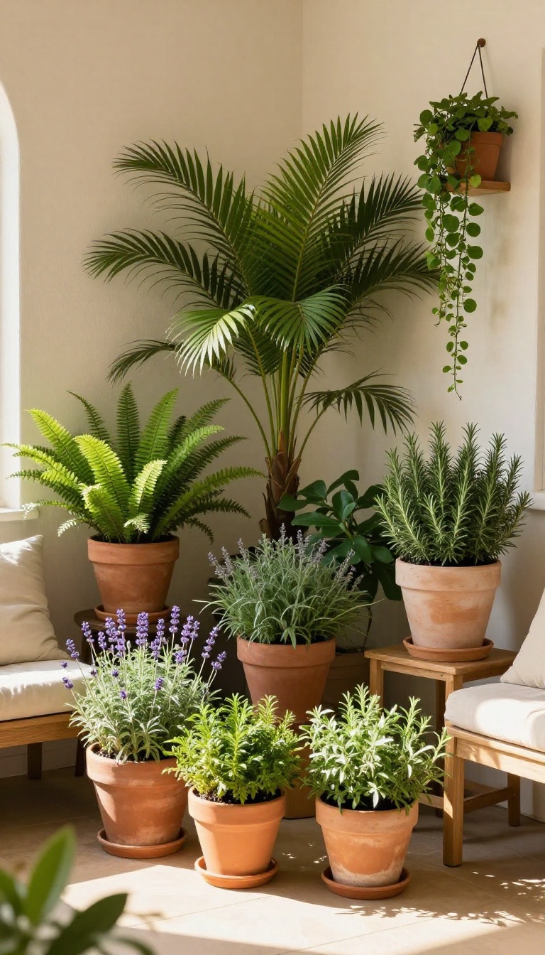 Cozy patio with an abundance of potted plants in varying heights and textures, creating a lush green oasis