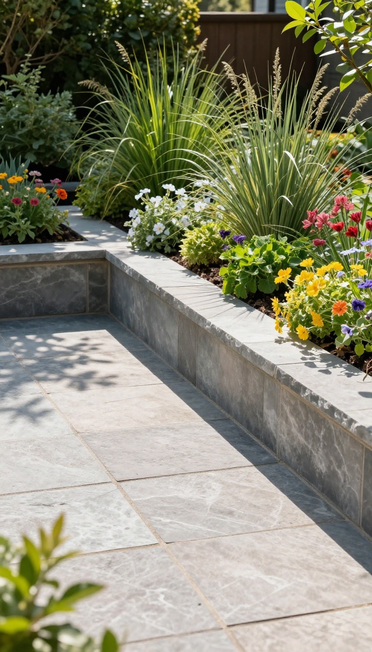 Flagstone patio with built-in planters filled with greenery, showcasing a cohesive and natural outdoor living design.