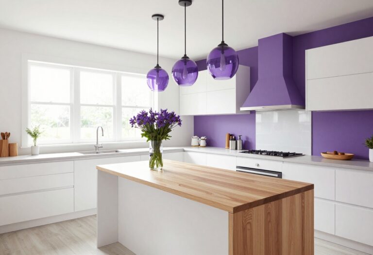 Modern kitchen with purple accent wall and pendant lights