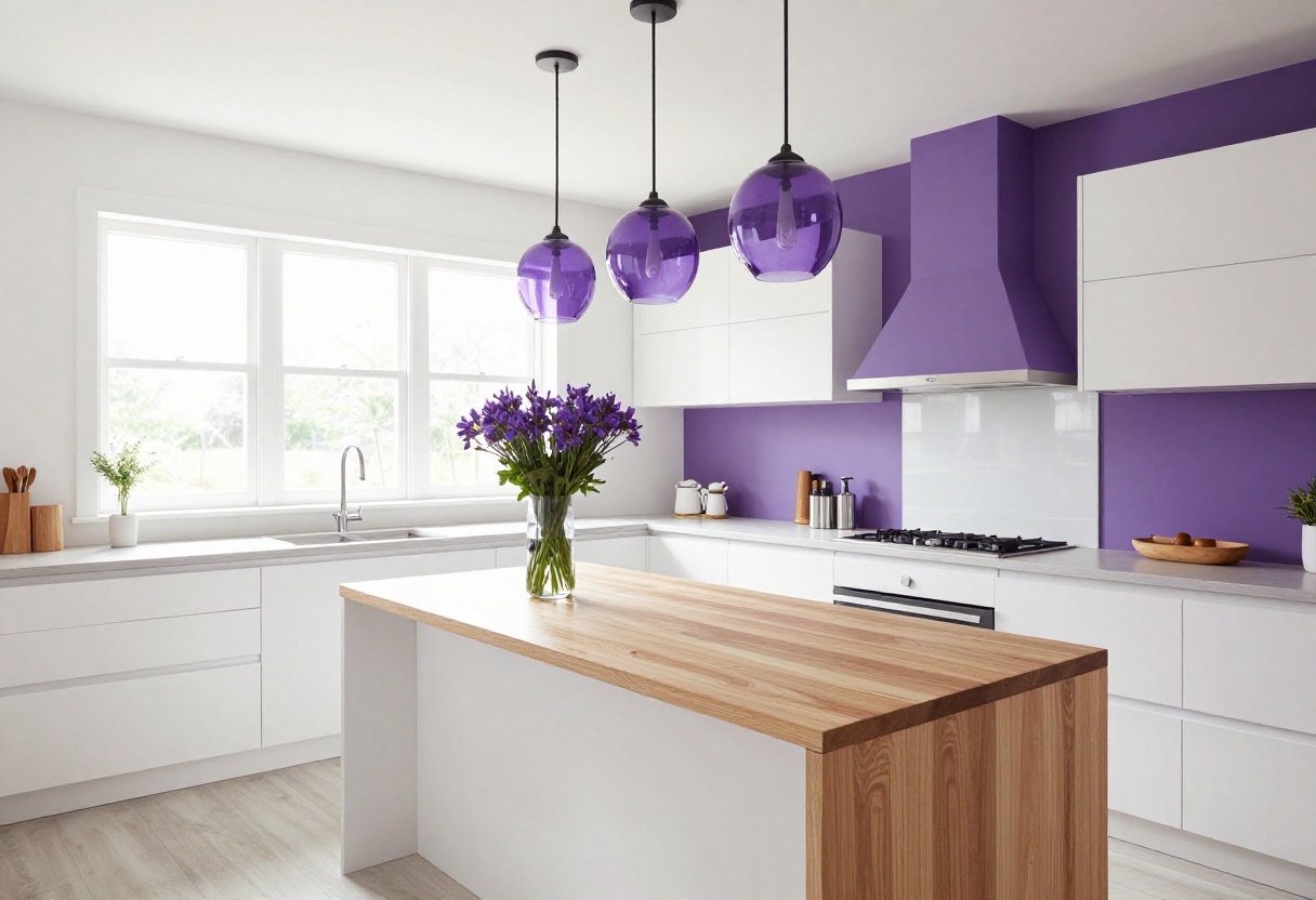 Modern kitchen with purple accent wall and pendant lights